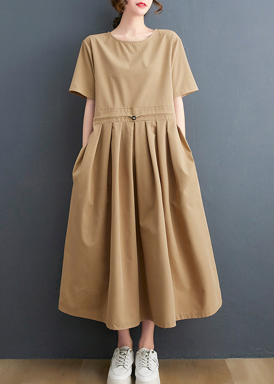 Plus Size Khaki O-Neck Wrinkled drawstring Maxi Dresses Short Sleeve