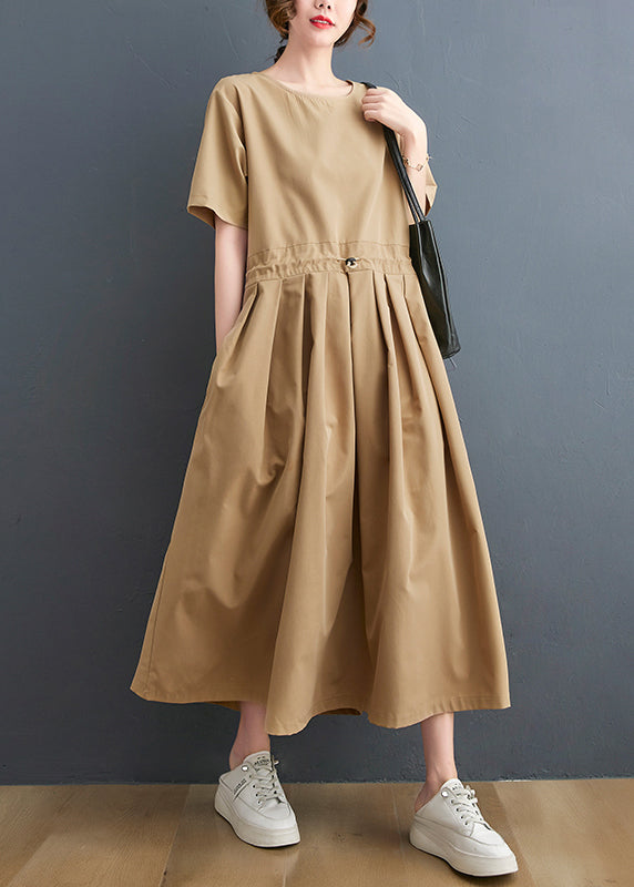 Plus Size Khaki O-Neck Wrinkled drawstring Maxi Dresses Short Sleeve