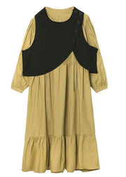 Plus Size Khaki Patchwork Button Fall Maxi Dress Long sleeve - SooLinen