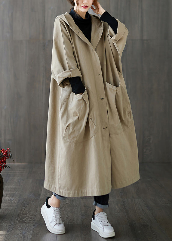 Plus Size Khaki Patchwork Button Long Hoodies Trench Coats Spring