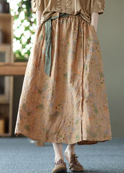 Plus Size Khaki Patchwork Sashes Linen Skirt Summer