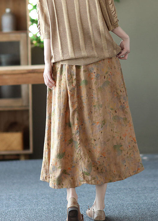 Plus Size Khaki Patchwork Sashes Linen Skirt Summer