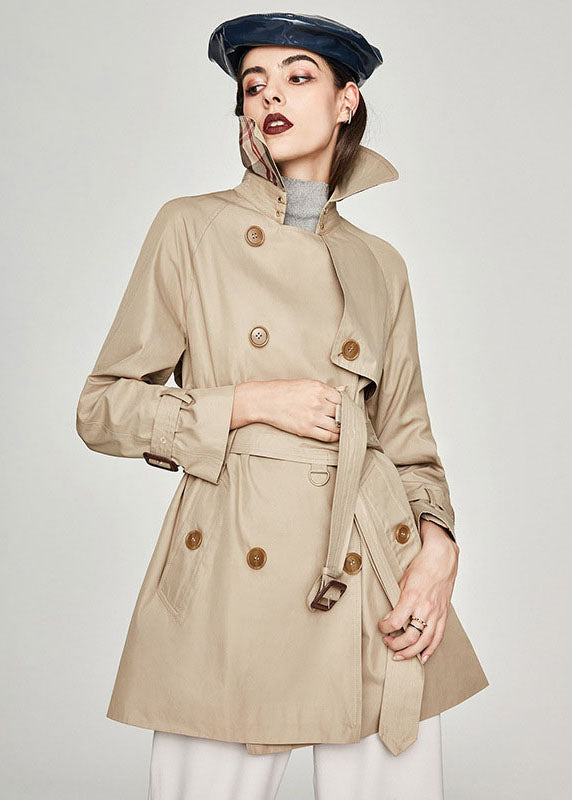 Plus Size Khaki Peter Pan Collar Sashes Cotton Double Breasted Trench Spring