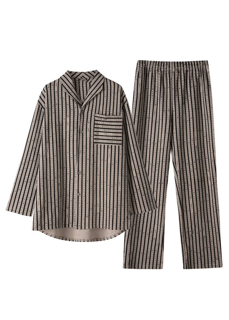 Plus Size Khaki Peter Pan Collar Striped Button Low High Design Cotton Pajamas Two Piece Set Spring