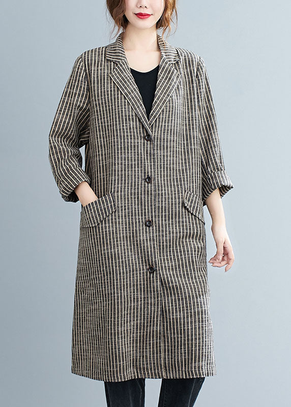 Plus Size Khaki PeterPan Collar Button Pockets Striped Fall Long sleeve Trench coats