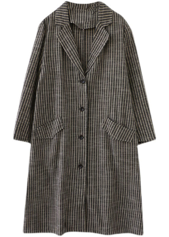 Plus Size Khaki PeterPan Collar Button Pockets Striped Fall Long sleeve Trench coats