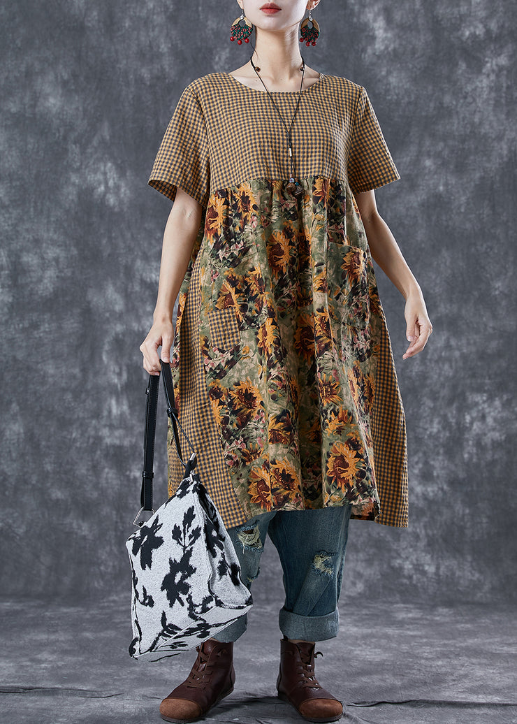 Plus Size Khaki Plaid Patchwork Print Linen Vacation Dresses Summer