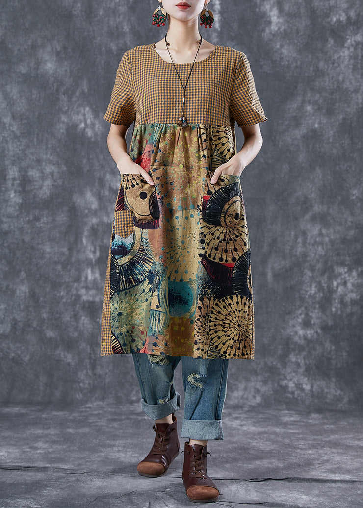 Plus Size Khaki Plaid Patchwork Print Linen Vacation Dresses Summer