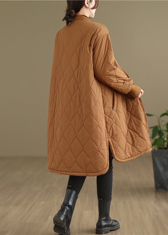 Plus Size Khaki Pockets Zippered Warm Fleece Womens Coat Winter