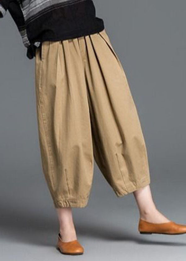 Plus Size Khaki Solid Elastic Waist Pockets Cotton Harem Pants Summer