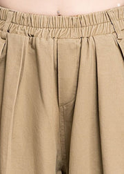 Plus Size Khaki Solid Elastic Waist Pockets Cotton Harem Pants Summer