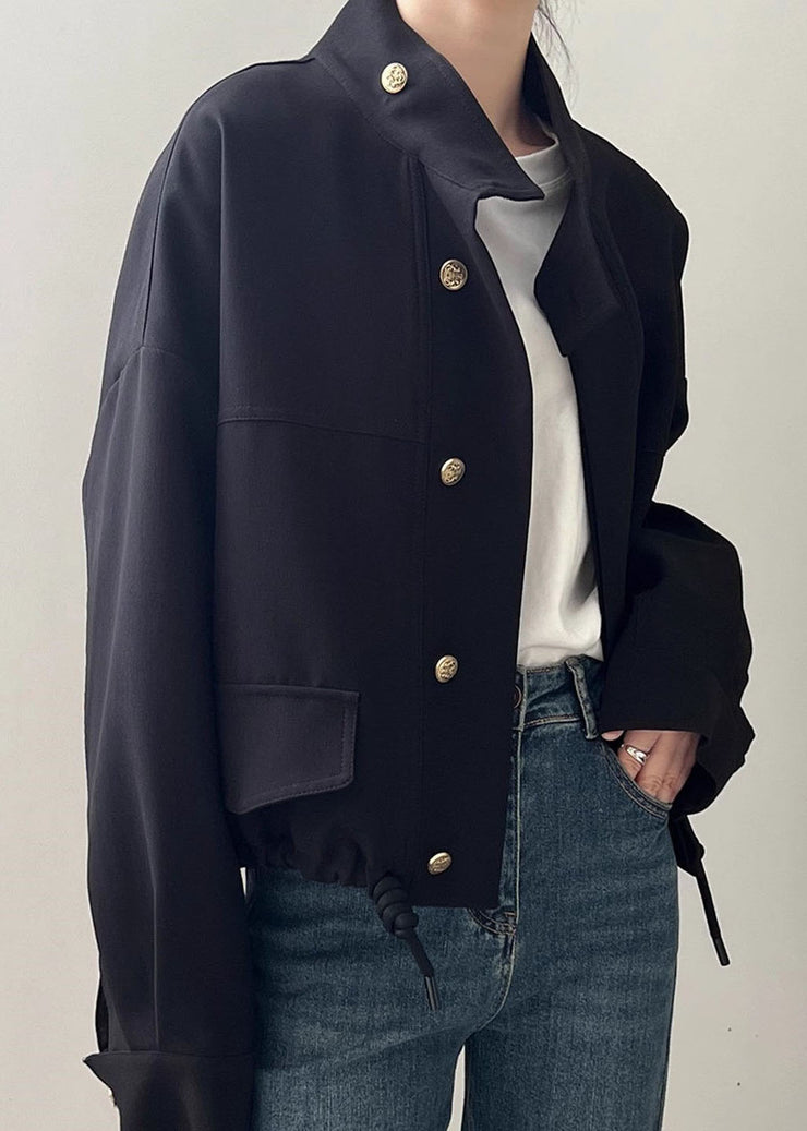 Plus Size Khaki Stand Collar Patchwork Drawstring Coat Long Sleeve