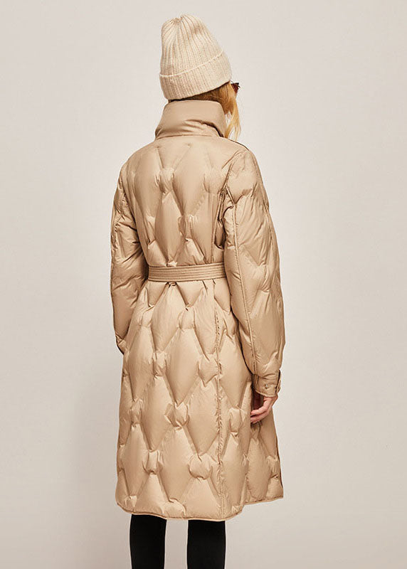 Plus Size Khaki Stand Collar Zip Up Warm Duck Down Winter Cinch Coats