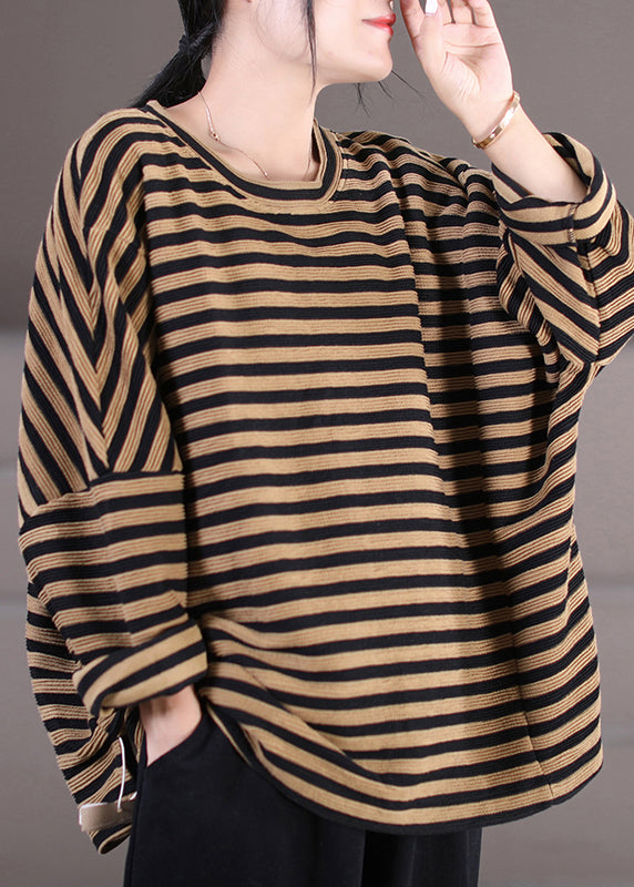 Plus Size Khaki Striped O-Neck Patchwork Sweatshirts Fall