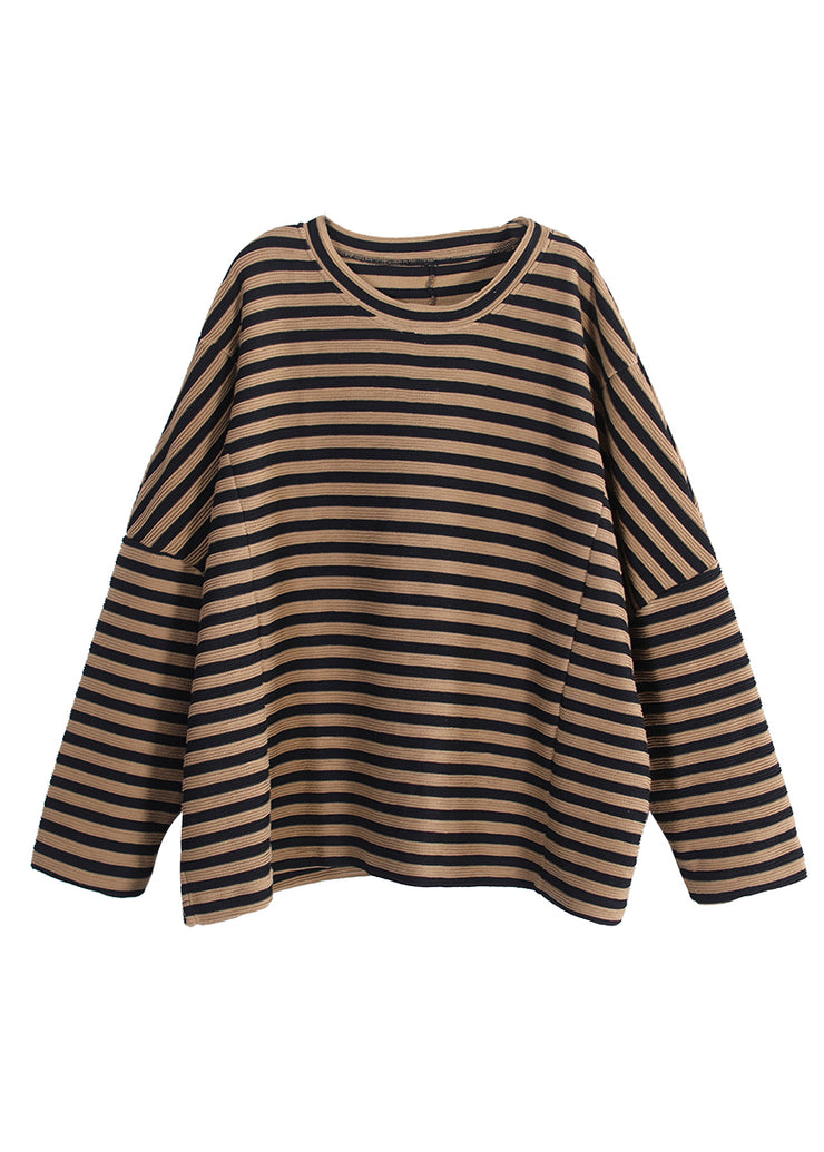 Plus Size Khaki Striped O-Neck Patchwork Sweatshirts Fall