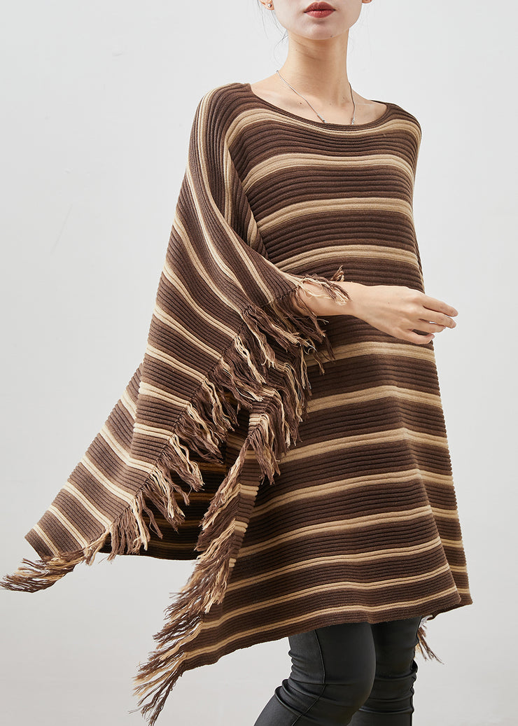Plus Size Khaki Striped Tasseled Knit Mini Dresses Spring