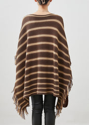 Plus Size Khaki Striped Tasseled Knit Mini Dresses Spring