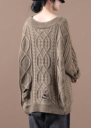 Plus Size Khaki V Neck Cotton Knit Sweaters Fall