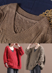 Plus Size Khaki V Neck Cotton Knit Sweaters Fall