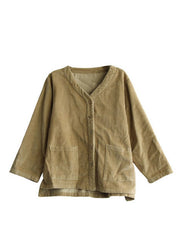 Plus Size Khaki V Neck Pockets Button Corduroy Coats Long Sleeve