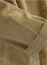 Plus Size Khaki V-Ausschnitt Taschen Button Cord Mäntel Langarm