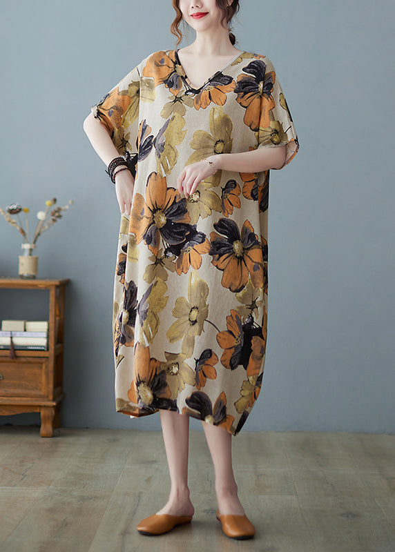 Plus Size Khaki V Neck Print Long Dress Short Sleeve