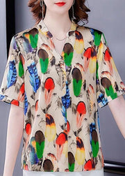 Plus Size Khaki V Neck Print Silk Shirt Tops Short Sleeve