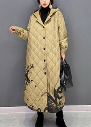 Plus Size Khaki Warm Fleece Thick Button Long Hooded Parka Winter