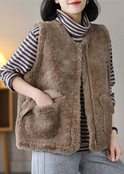 Plus Size Khaki Zip Up Pockets Fuzzy Fur Fluffy Vest Spring