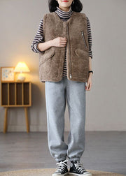 Plus Size Khaki Zip Up Pockets Fuzzy Fur Fluffy Vest Spring