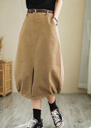Plus Size Khaki side open high waist Cotton Skirt Spring