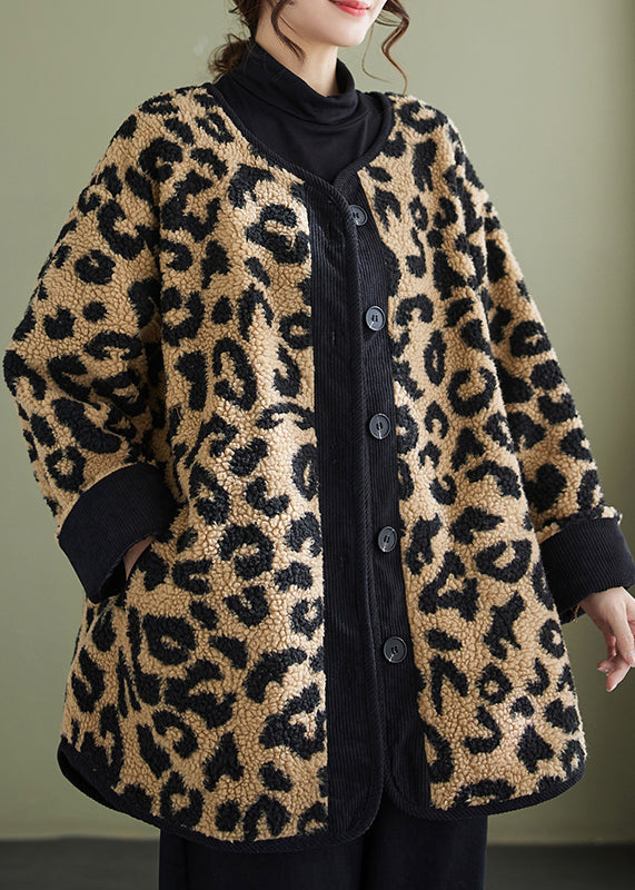 Plus Size Leopard Pockets Fine Cotton Filled Faux Fur Coats Winter