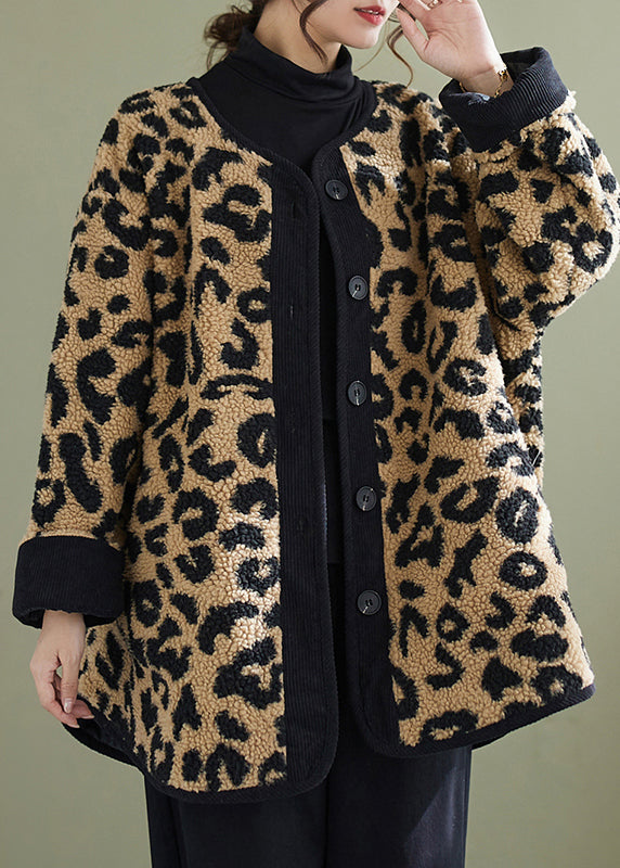 Plus Size Leopard Pockets Fine Cotton Filled Faux Fur Coats Winter