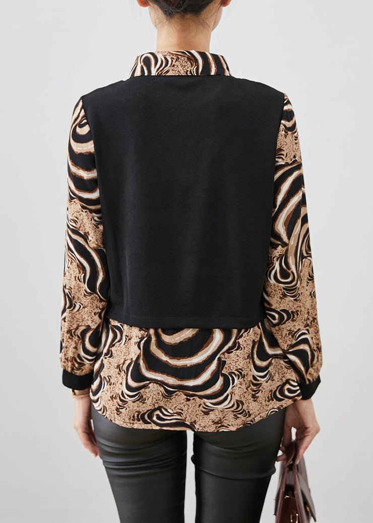 Plus Size Leopard Print Patchwork Cotton Fake Two Piece Shirt Top Fall