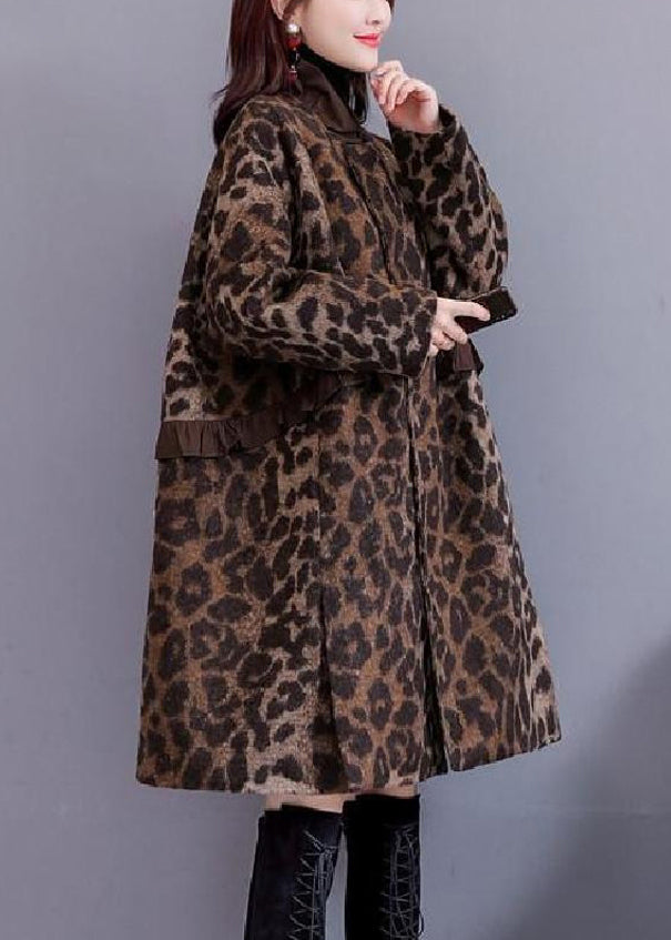 Plus Size Leopard Ruffled Pockets Thick Woolen Coats Long Sleeve
