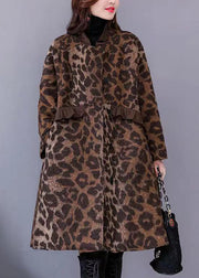 Plus Size Leopard Ruffled Pockets Thick Woolen Coats Long Sleeve