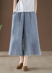 Plus Size Hellblaue Hose mit weitem Bein und hoher Taille, drapierter Baumwoll-Denim, Sommer