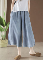 Plus Size Light Blue High Waist Draping Cotton Denim Wide Leg Pants Summer