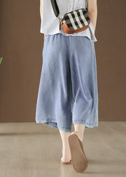 Plus Size Hellblaue Hose mit weitem Bein und hoher Taille, drapierter Baumwoll-Denim, Sommer