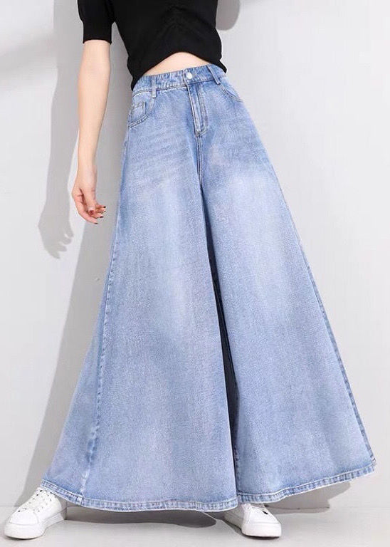 Plus Size Light Blue High Waist Pockets Cotton Flare Pants Skirt Summer