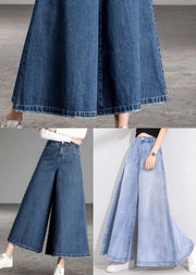Plus Size Light Blue High Waist Pockets Cotton Flare Pants Skirt Summer