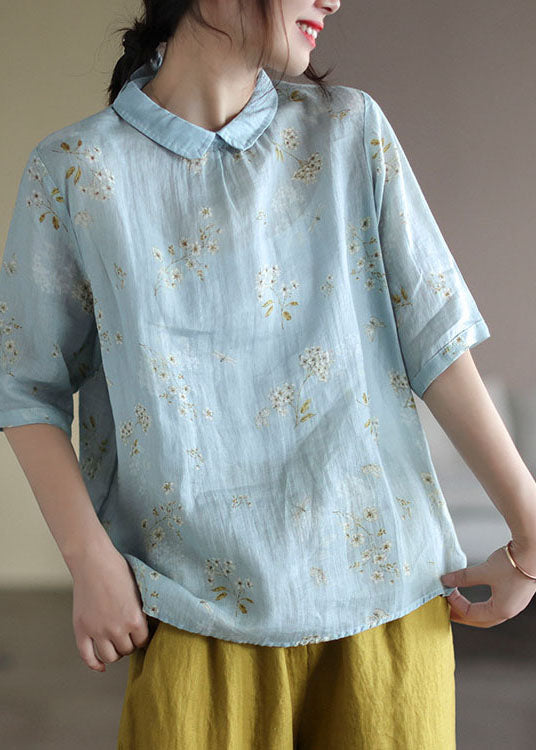 Plus Size Light Blue Peter Pan Collar Print Linen Shirt Tops Half Sleeve