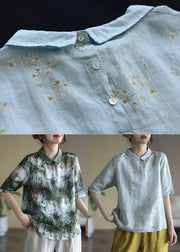 Plus Size Light Blue Peter Pan Collar Print Linen Shirt Tops Half Sleeve