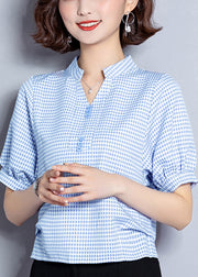 Plus Size Light Blue Plaid Button Chiffon Shirt Top Summer