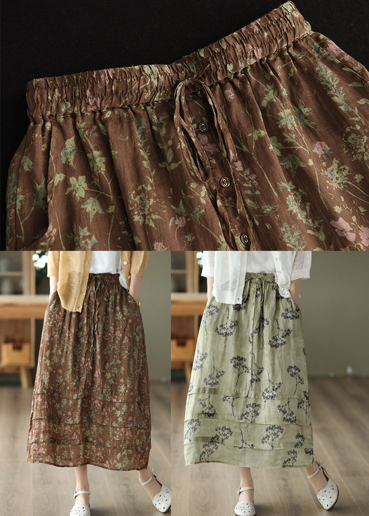 Plus Size Light Green High Waist Patchwork Print Linen Skirt Summer