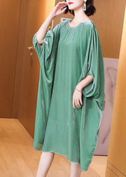 Plus Size Light Green O Neck Patchwork Silk Velour Dresses Batwing Sleeve