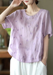 Plus Size Light Purple Embroidered Linen Shirts Short Sleeve