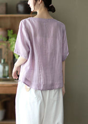 Plus Size Light Purple Embroidered Linen Shirts Short Sleeve