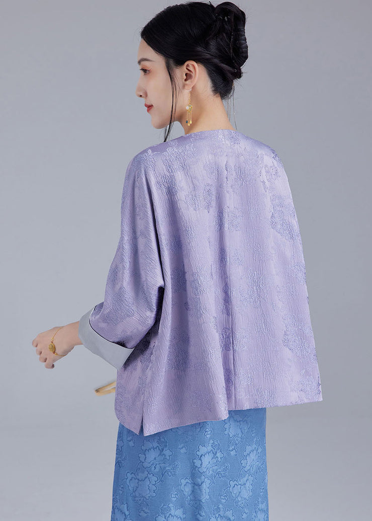 Plus Size Light Purple Embroidered Side Open Silk Top Fall
