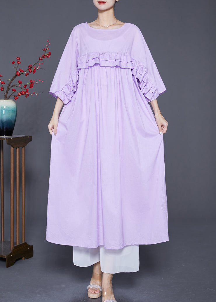 Plus Size Light Purple Ruffled Patchwork Cotton Dress Bracelet Sleeve